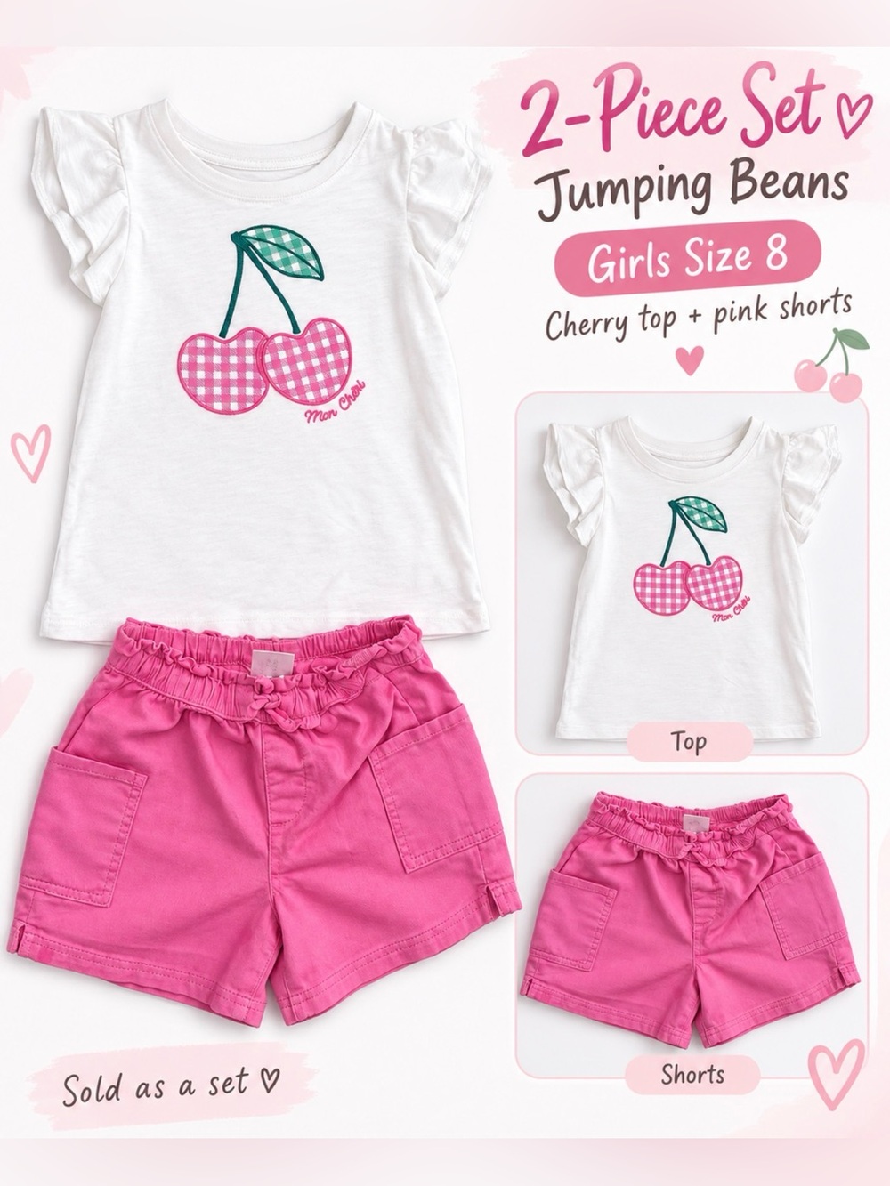 Jumping Beans Girls Size 8 Cherry Top & Pink Shorts 2-Piece Set